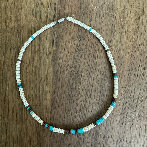 Artisan Handmade Tan Blue Brown Shell Bead Necklace magnetic closure - Picture 1 of 5